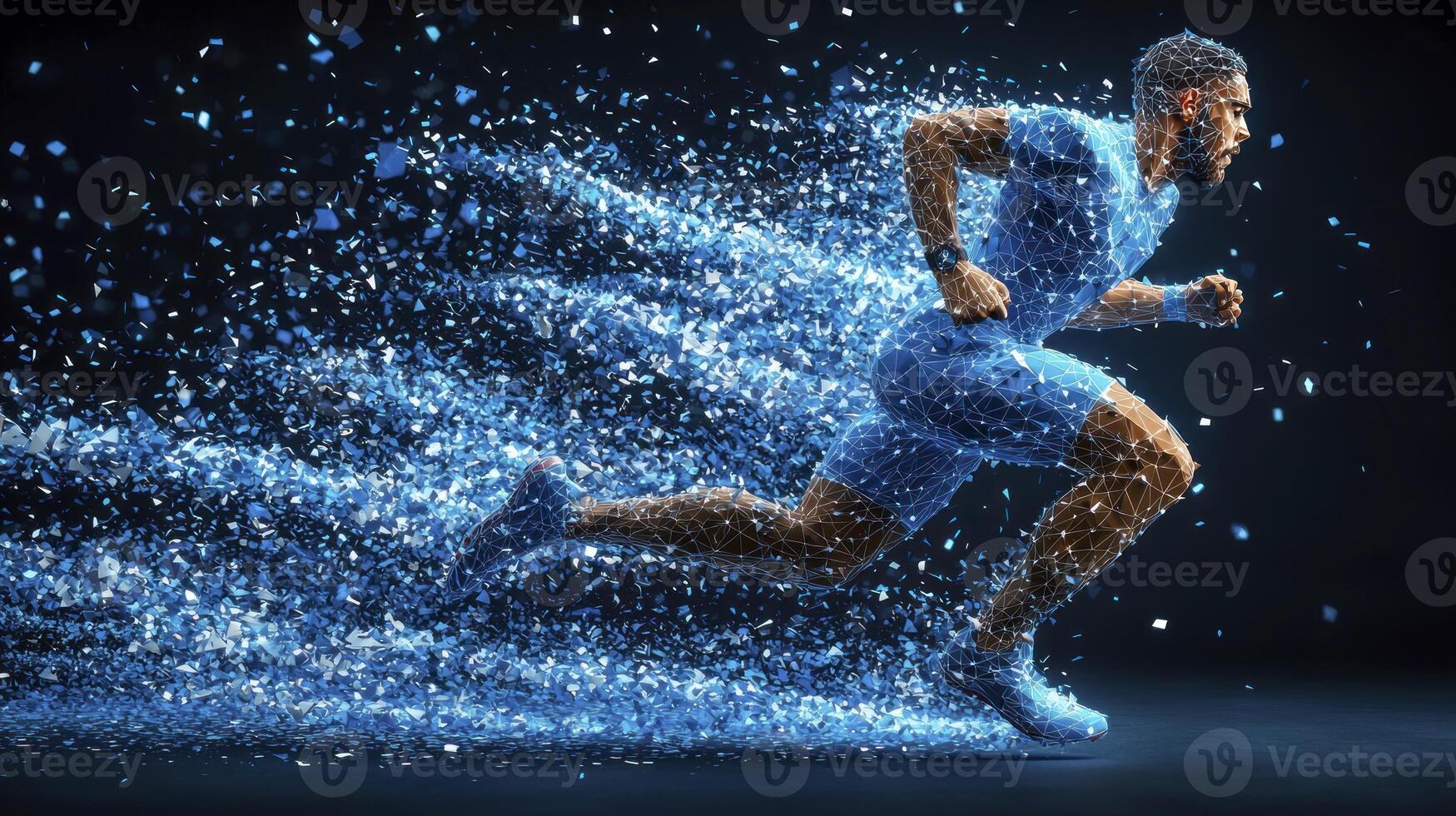 A man running in blue with water splashing around him photo
