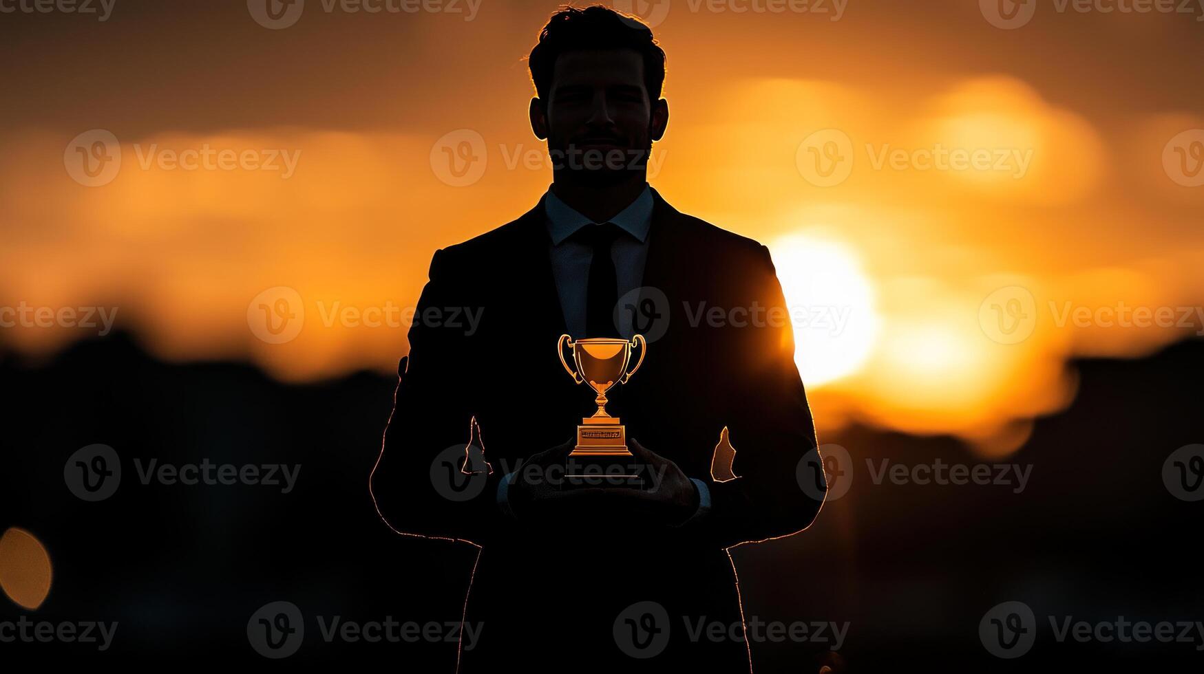 Silhouette of a man holding a trophy at sunset photo