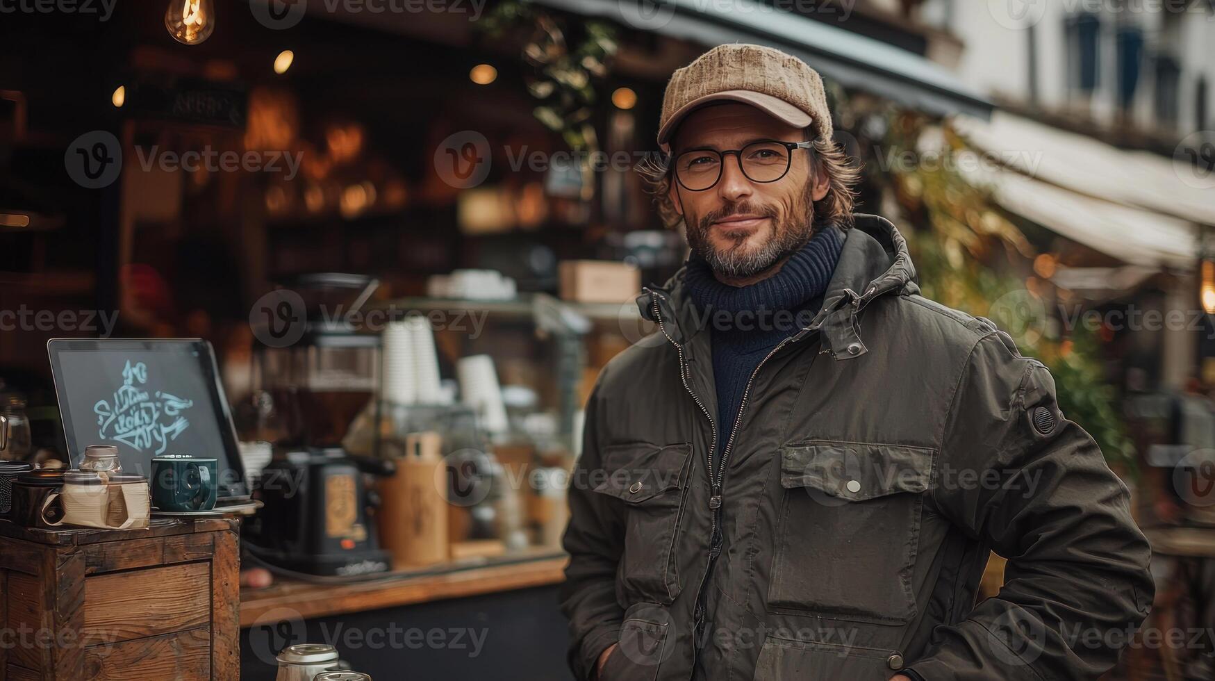 A man in a jacket and glasses standing in front of a coffee shop photo