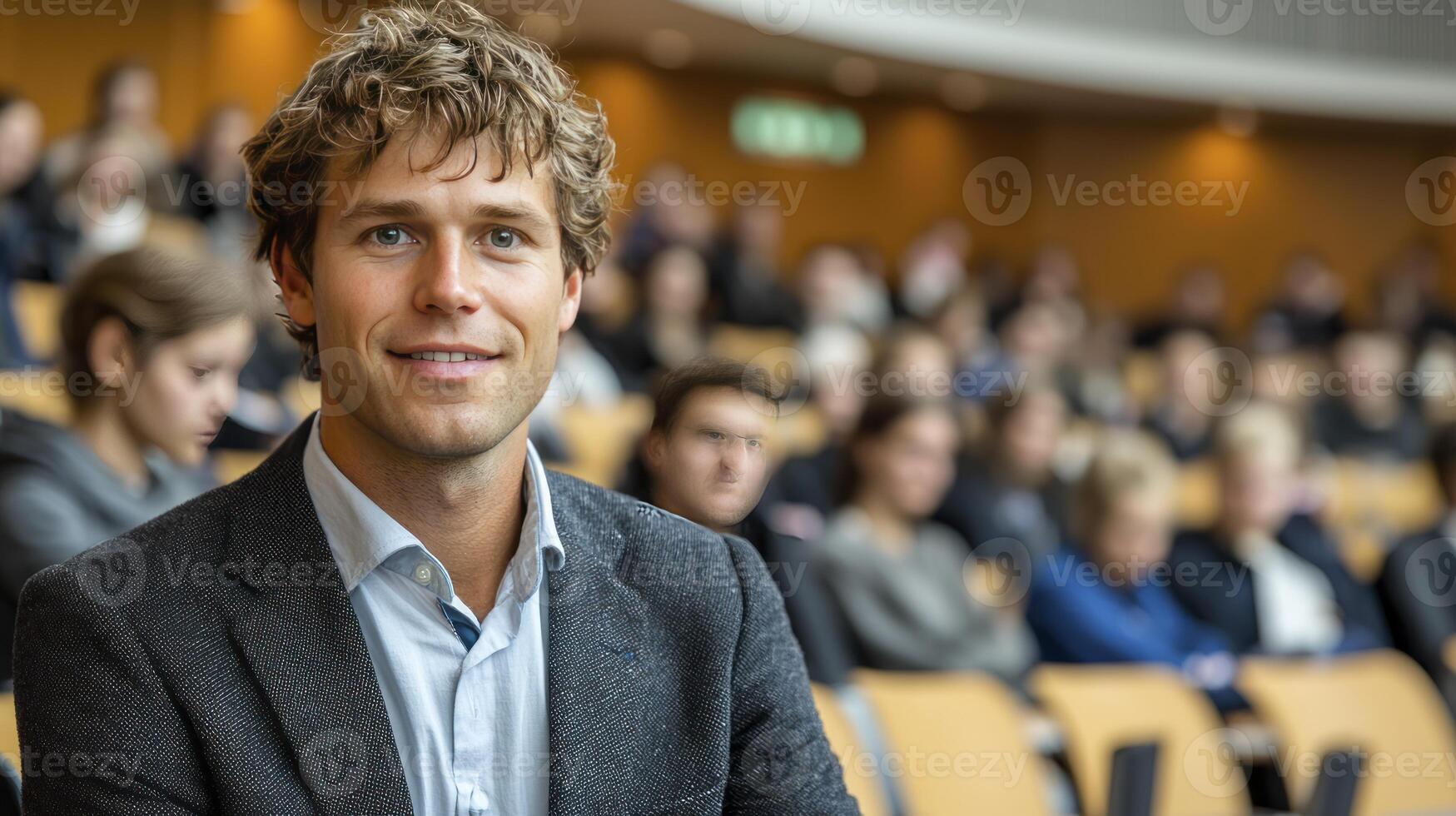 A man in a suit and tie sitting in front of a crowd photo