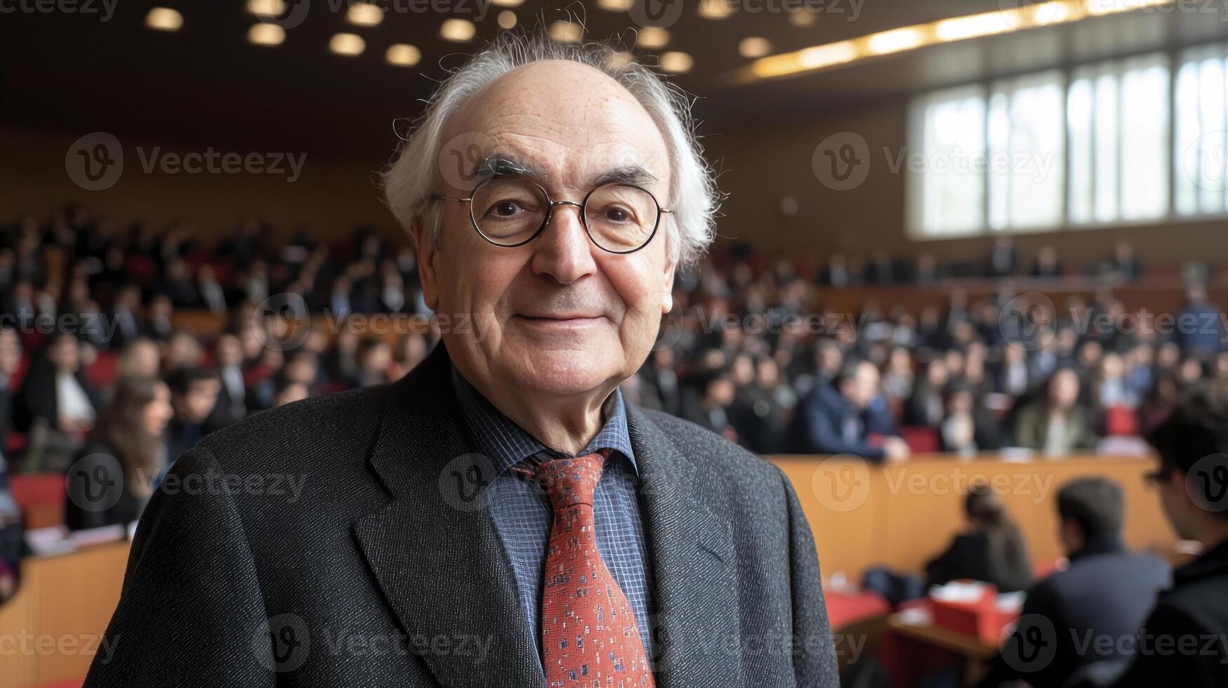 An older man in glasses and a red tie standing in front of a large crowd photo