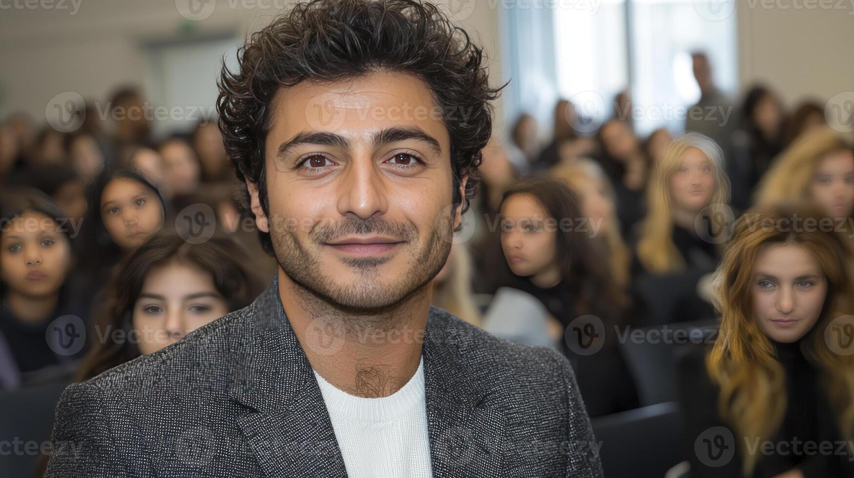 A man in a suit and tie standing in front of a crowd photo