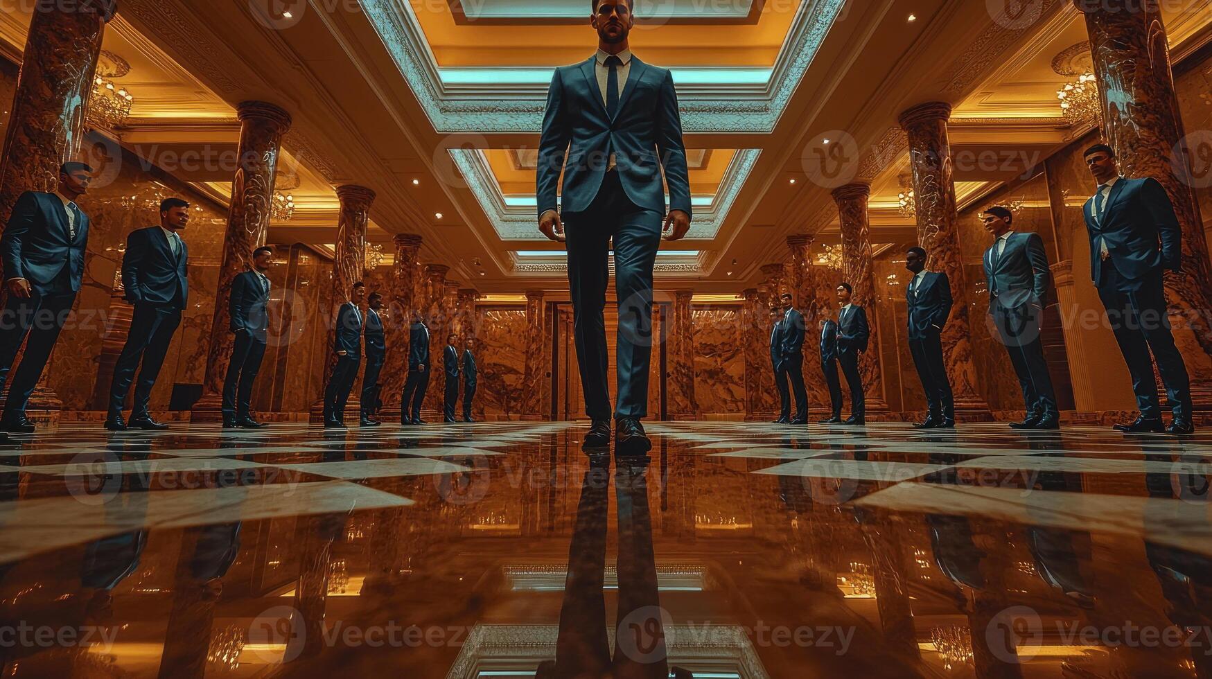 A man in a suit stands in a hallway with other men photo