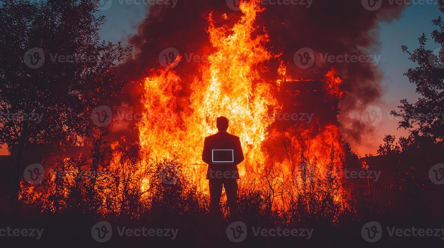 A man standing in front of a burning house photo