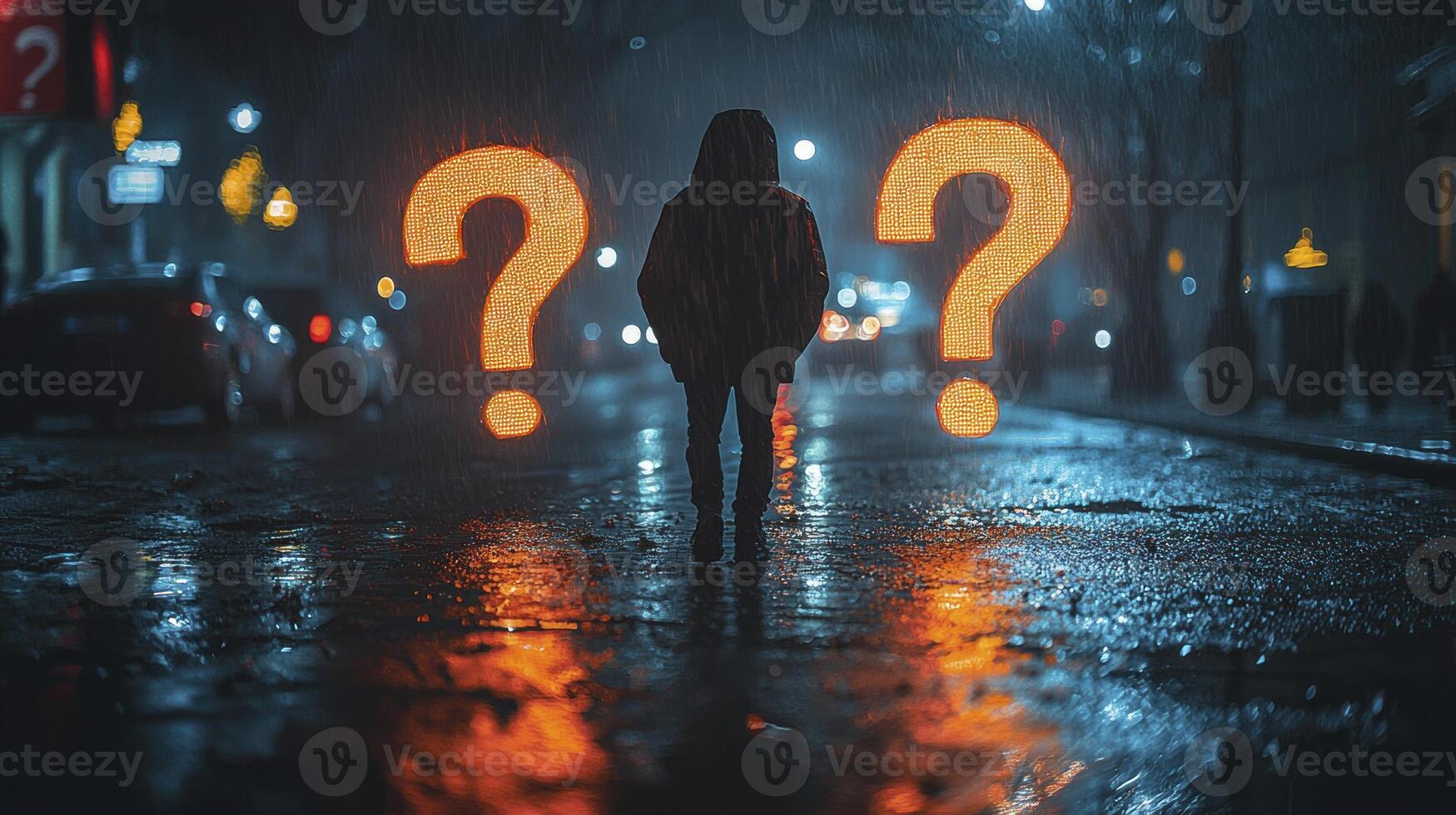 A person walking in the rain with question marks on the ground photo