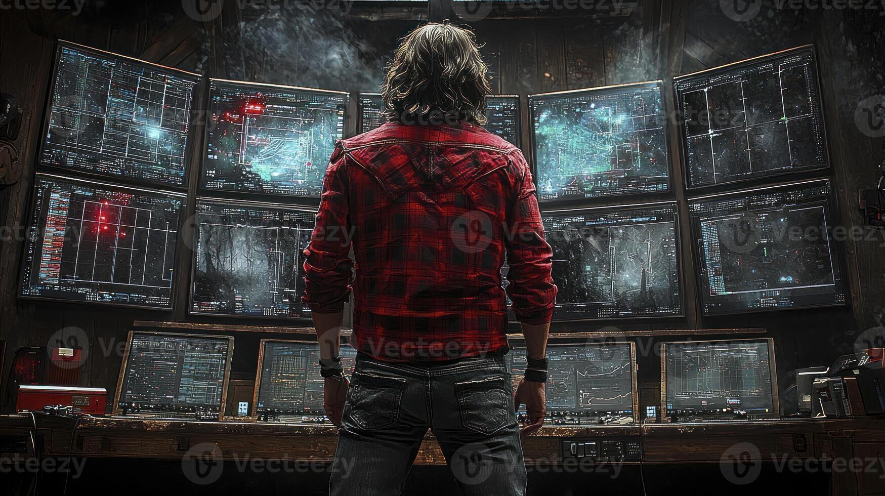A man in a red shirt stands in front of a computer screen photo
