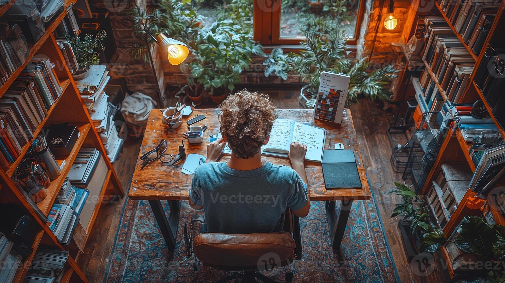 A person sitting at a desk in front of a bookcase photo