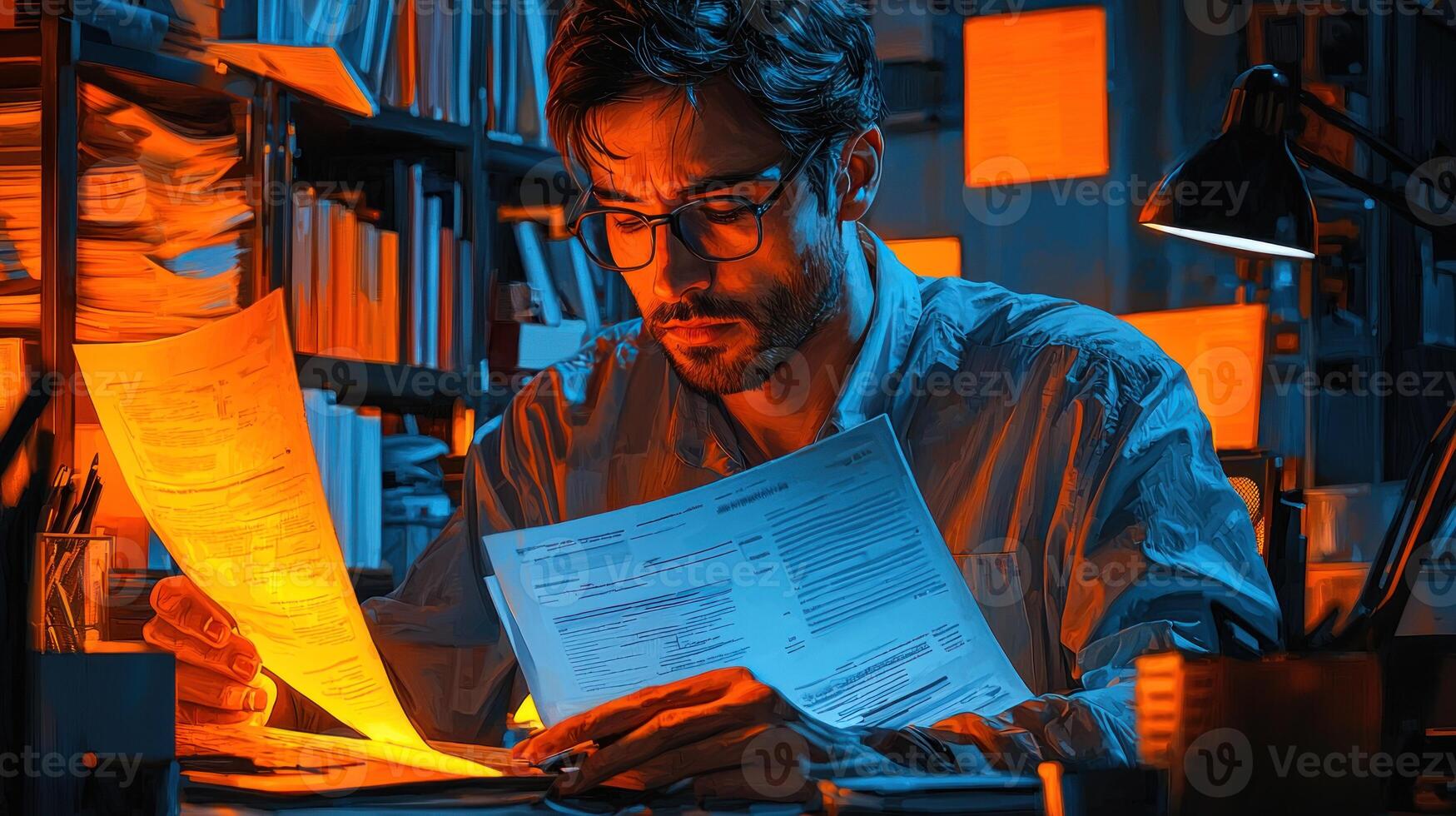 A man in glasses is reading a document in front of a desk photo