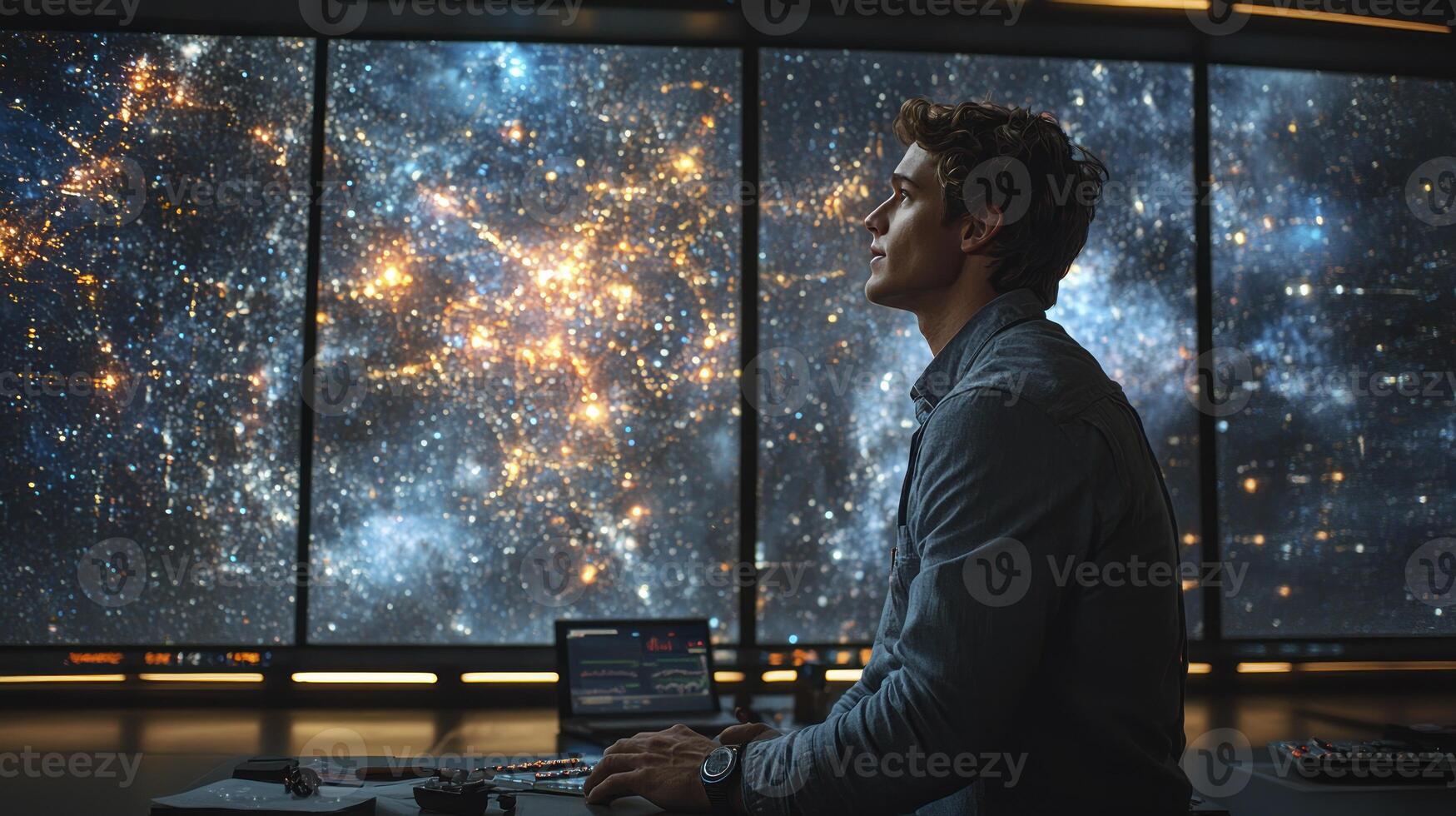 A man sitting in front of a large screen with a galaxy in the background photo