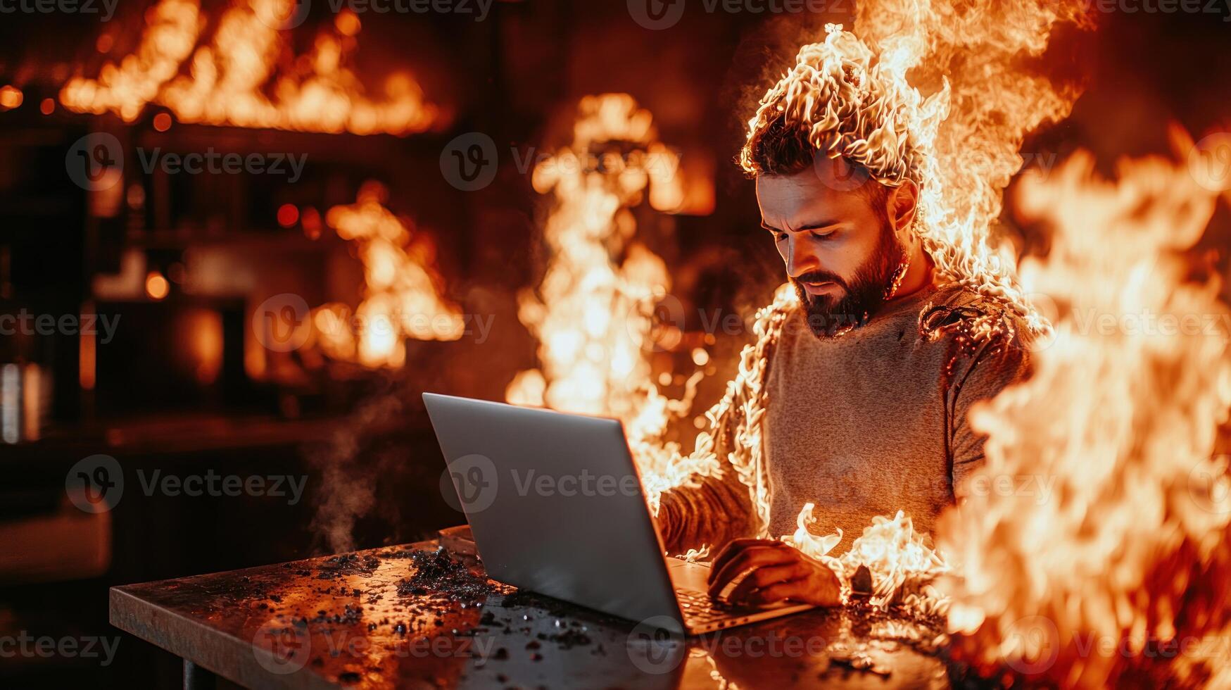 A man sitting at a table with a laptop on fire photo