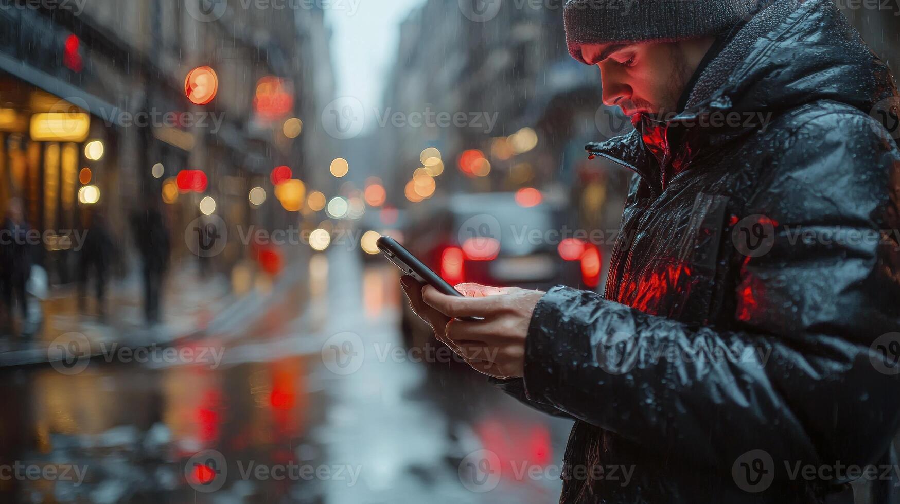 A man in a hoodie is looking at his phone photo