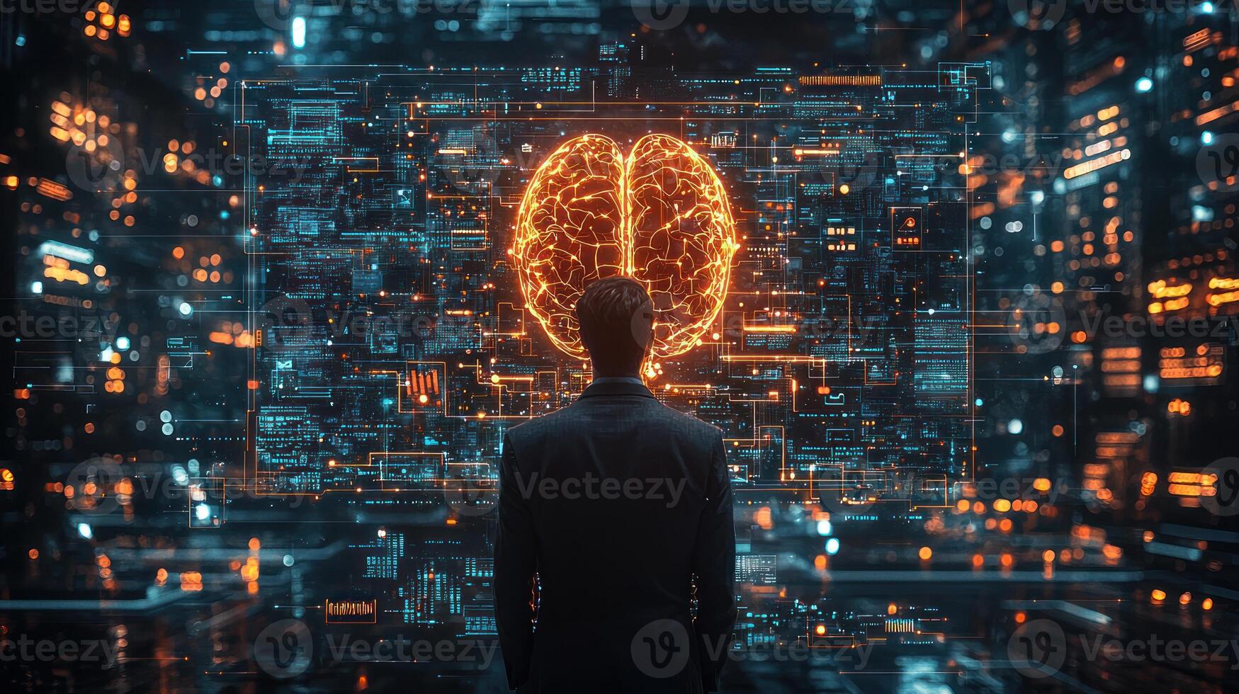 A man standing in front of a glowing brain photo