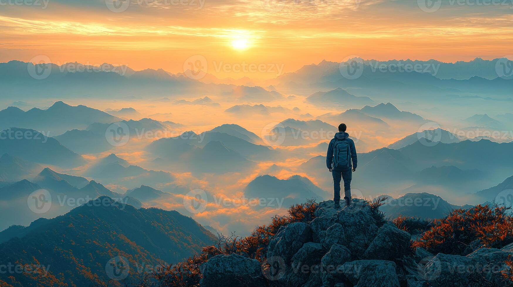 A person standing on top of a mountain at sunrise photo