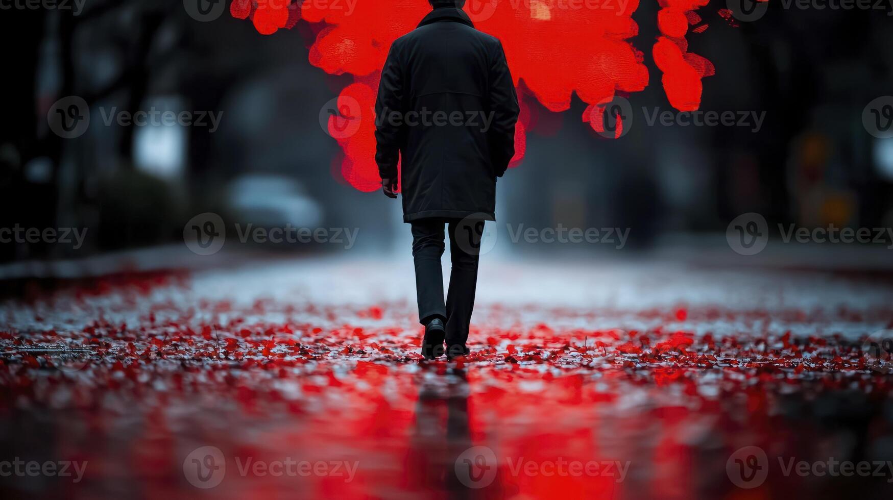 Man walking in the rain with red lights photo