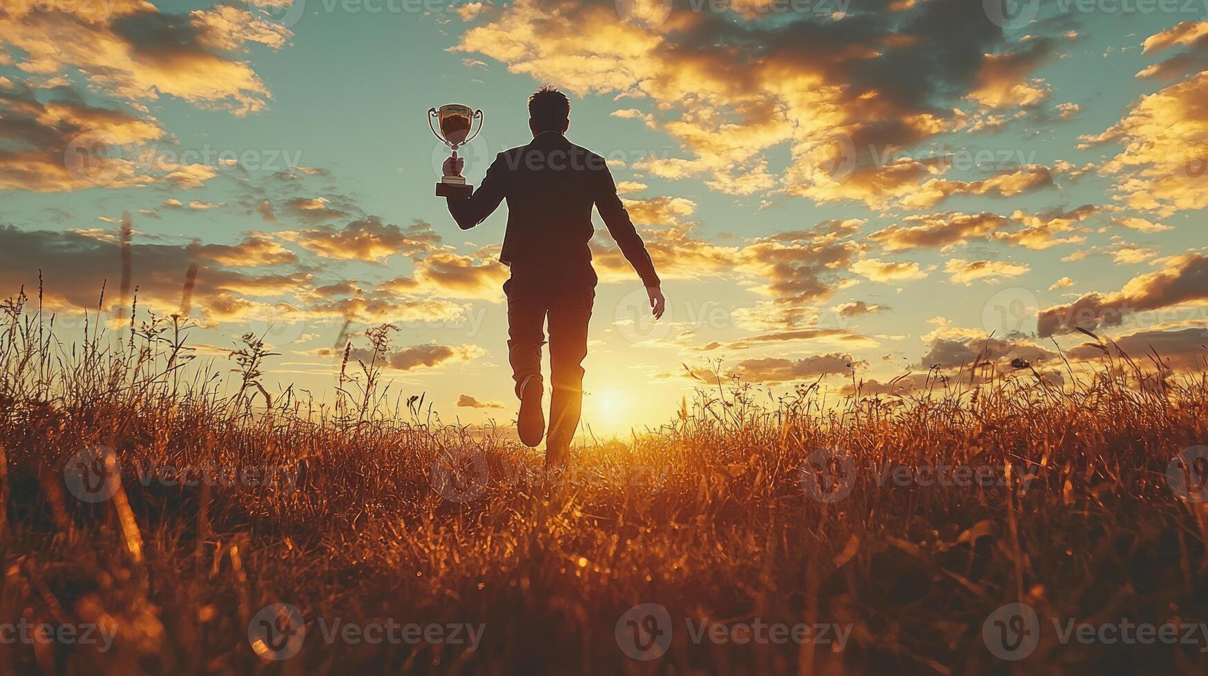 A man is walking in a field holding a cup photo