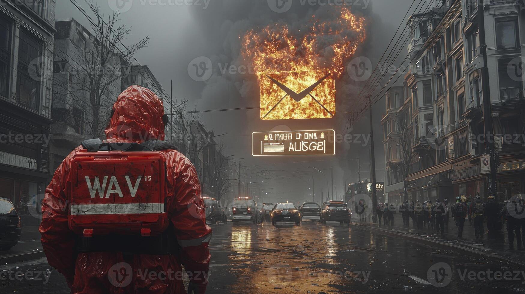 A man in a red rain suit standing in front of a burning building photo