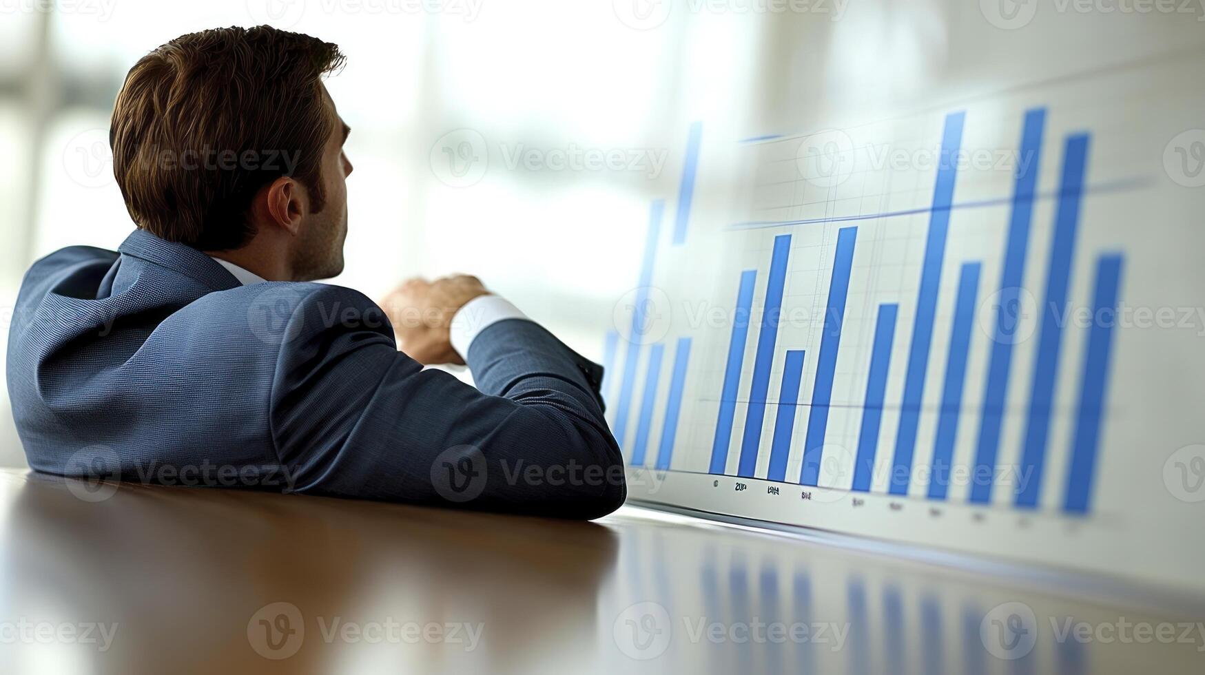 A man in a suit is looking at a chart on a board photo