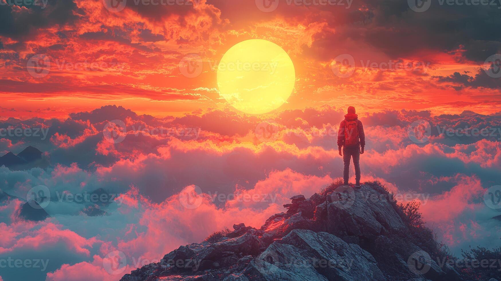 A man standing on top of a mountain looking at the sun photo