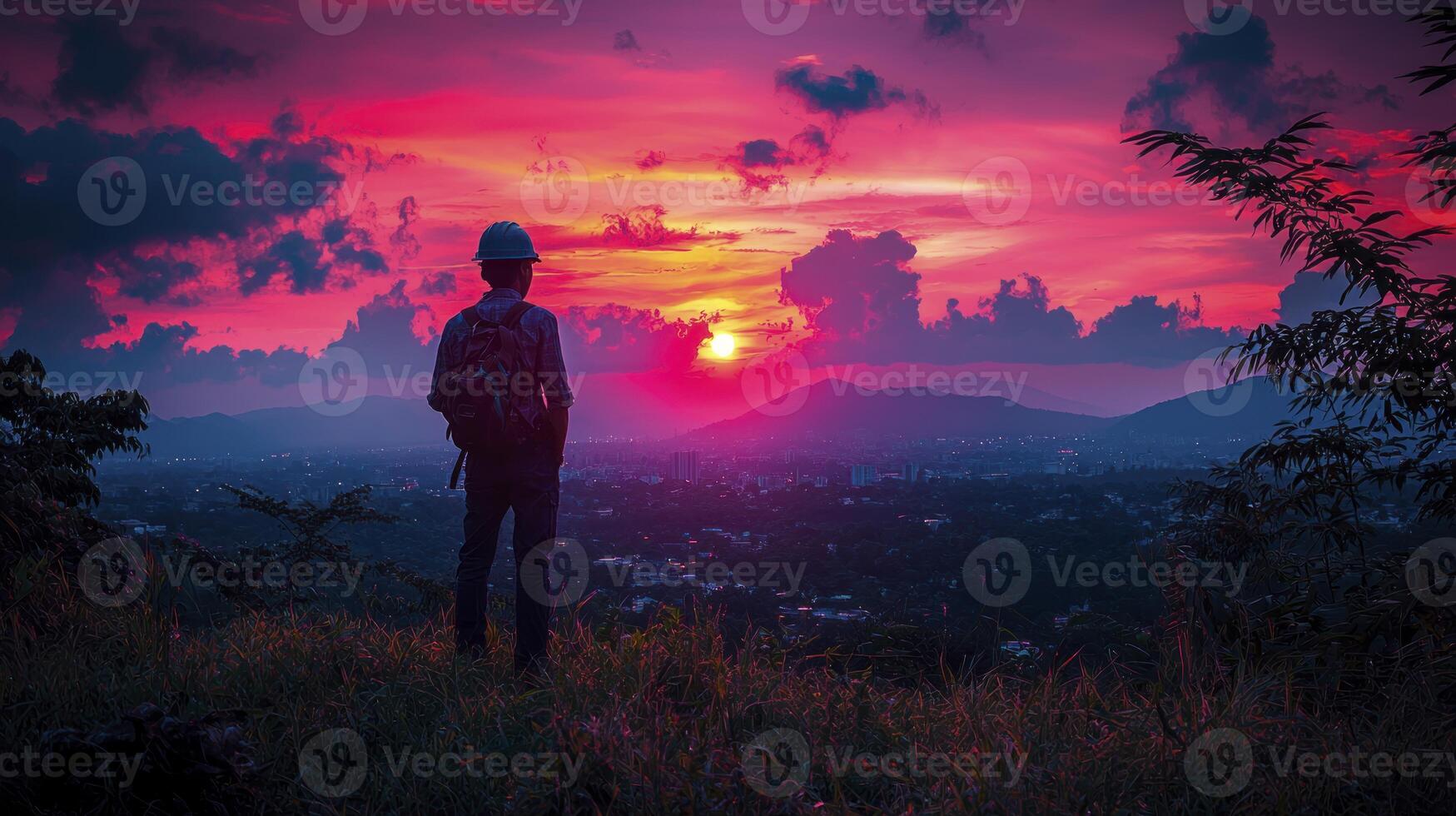 A man standing on a hill looking at the sunset photo