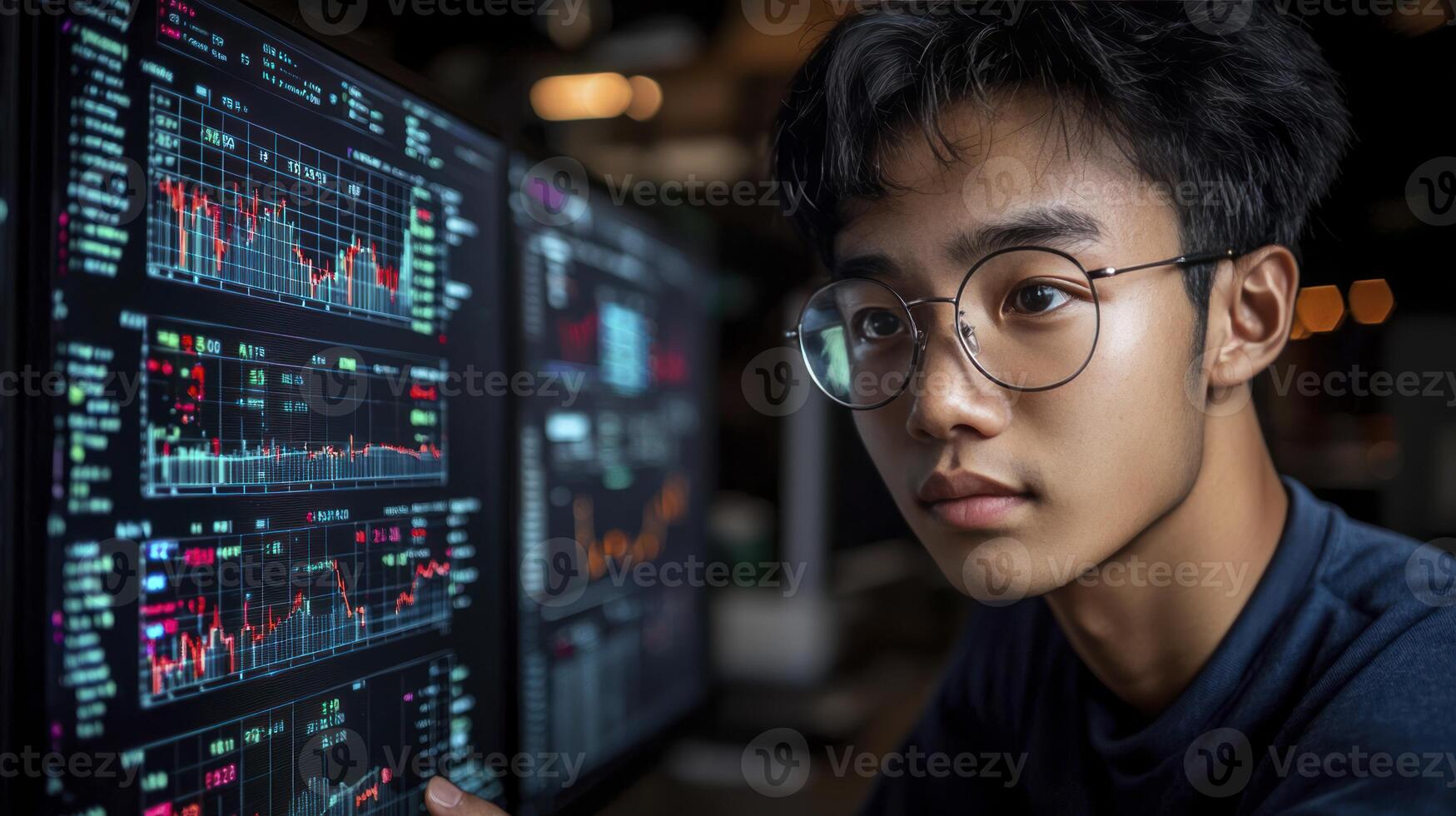 A young man in glasses looking at a computer screen photo