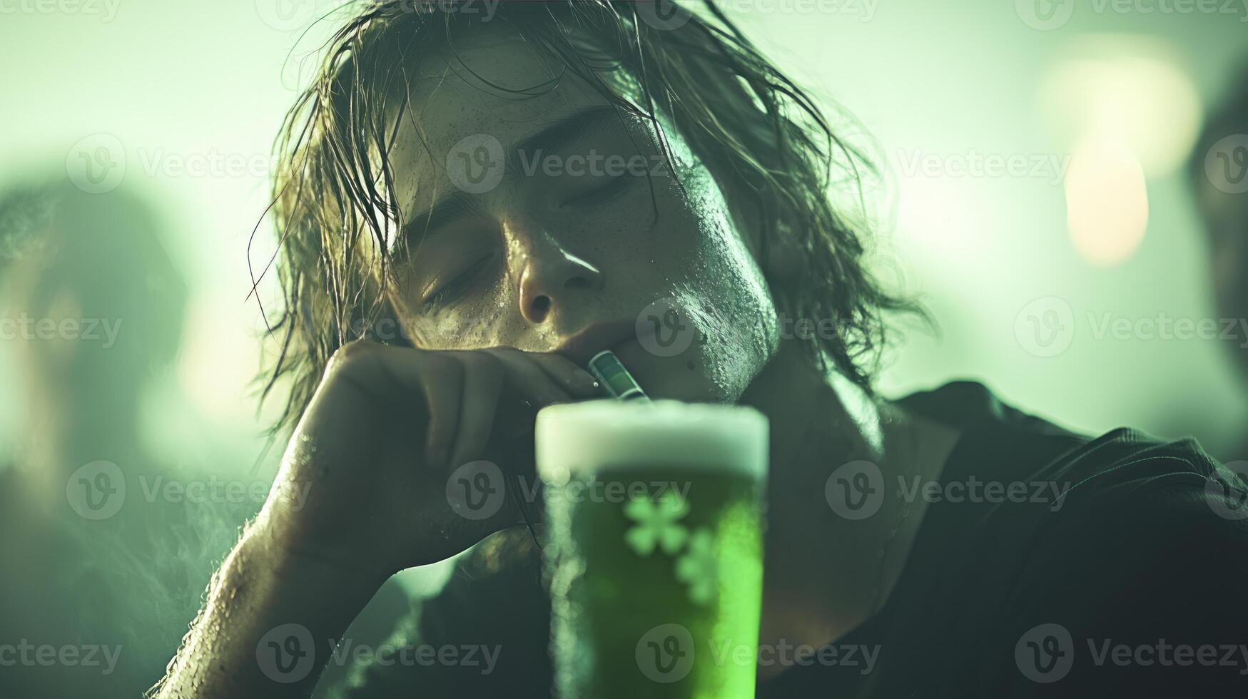 A man drinking a beer while sitting in a bar photo