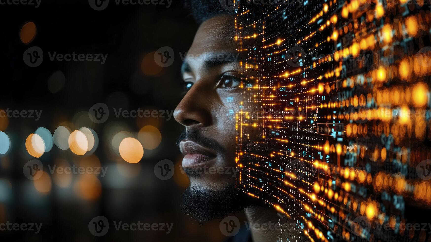 A man with a face made up of digital data photo