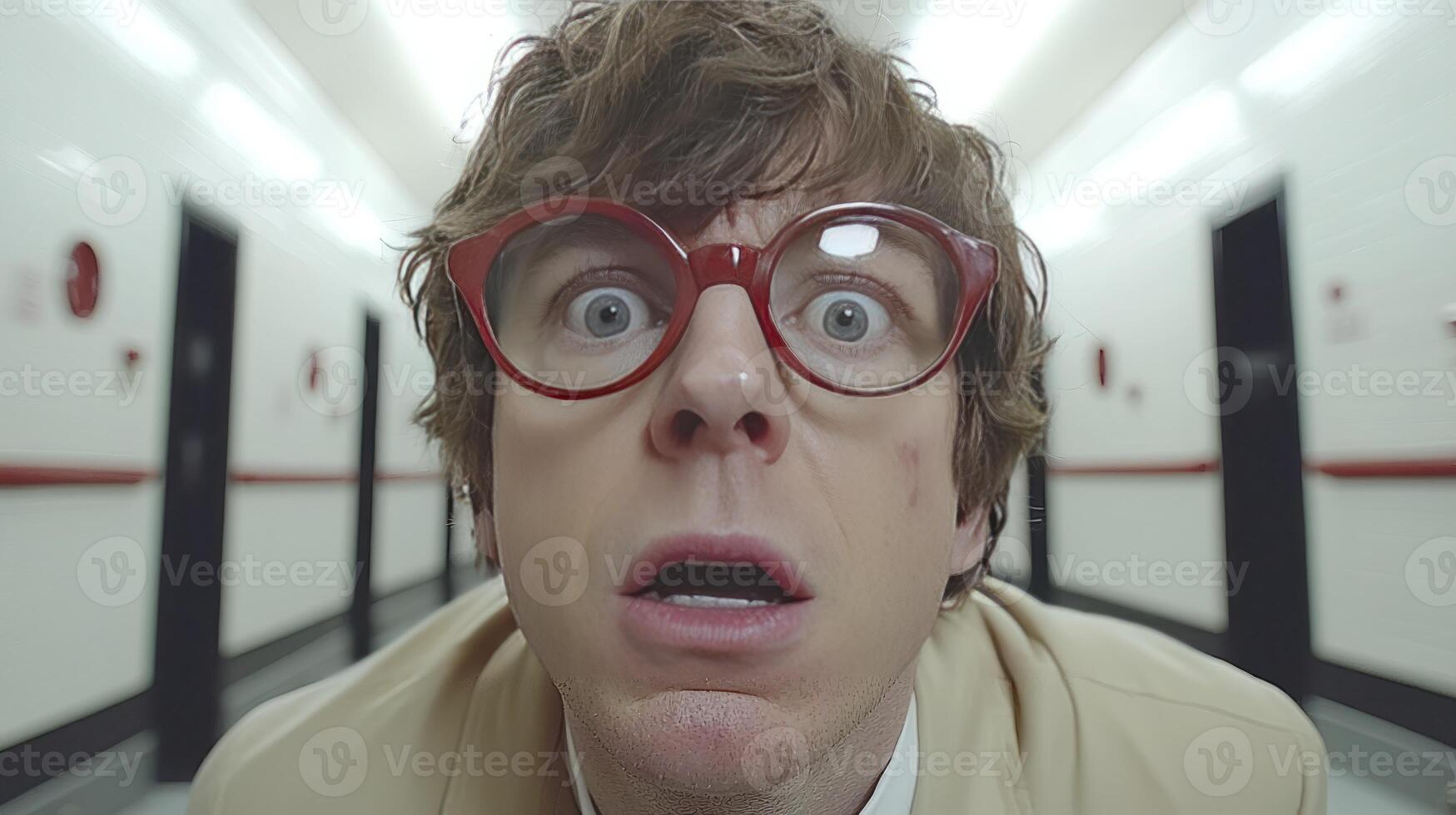 A man wearing red glasses and a suit is looking up at the camera photo