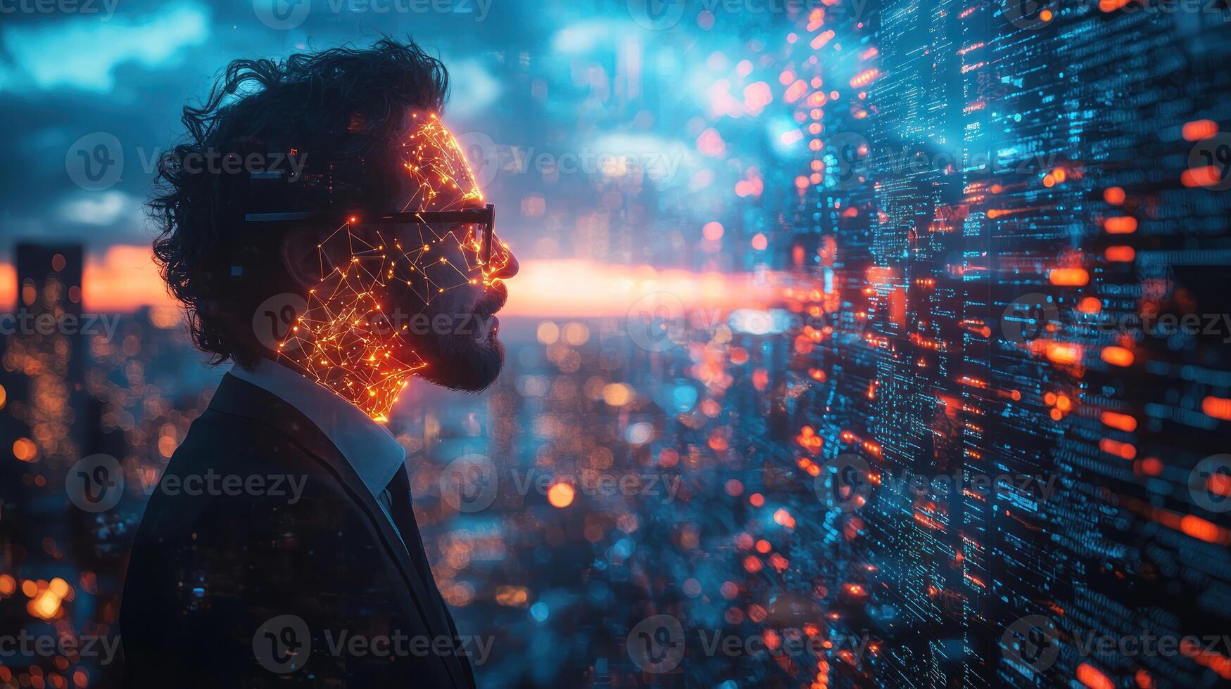 A man in a suit and tie looking at a computer screen photo