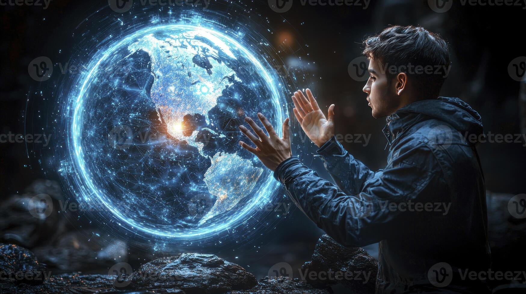 A man is holding up a glowing globe photo