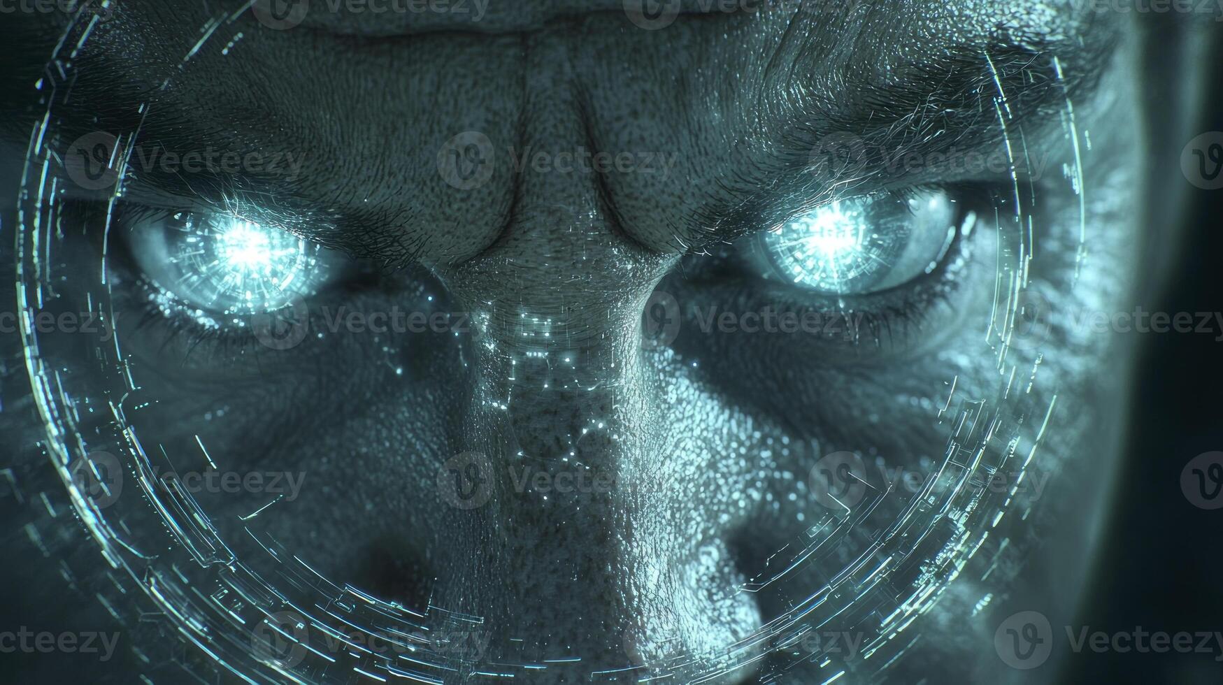 The face of a man with glowing eyes photo