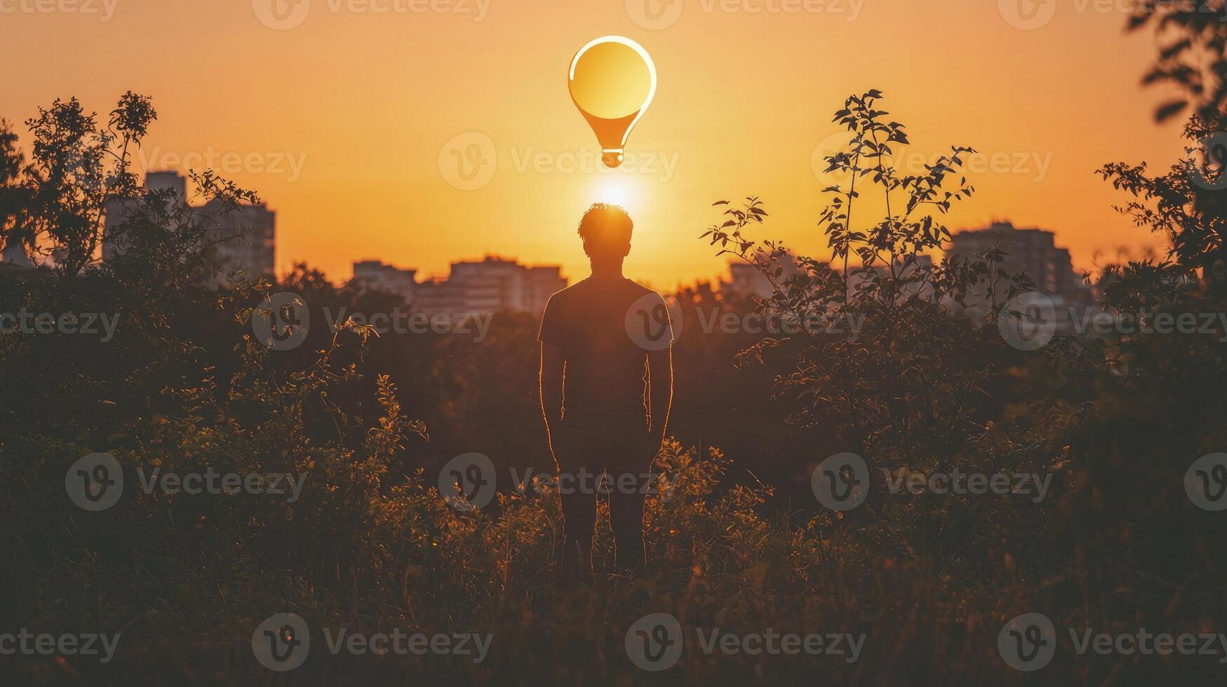 A man standing in front of a sunset with a balloon in the sky photo