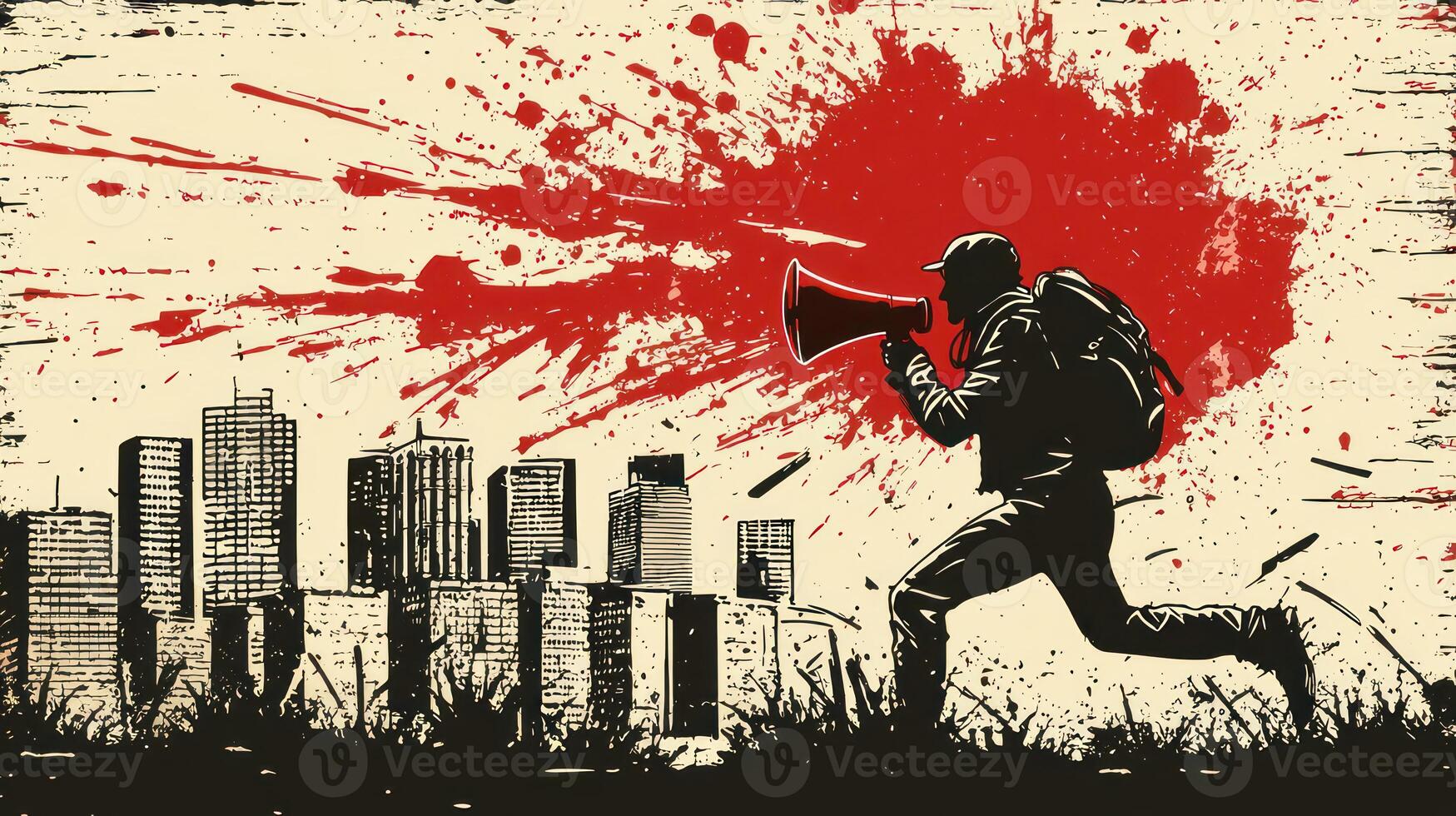 A man with a megaphone running through the city photo