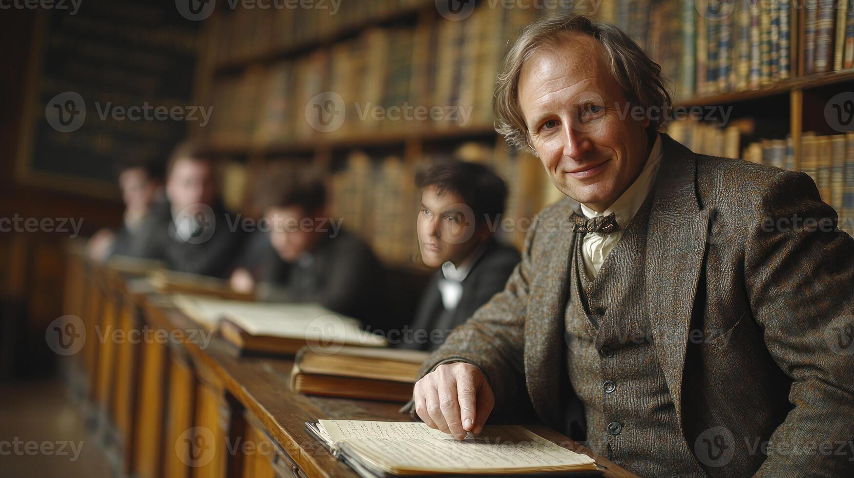 A man sitting at a desk in a library with other people photo
