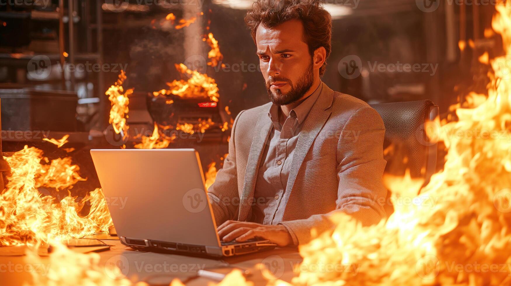 A man in a suit sitting in front of a laptop on fire photo