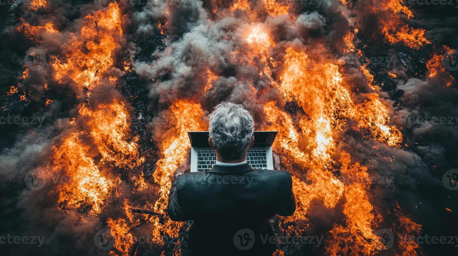 Businessman in suit standing in front of fire photo
