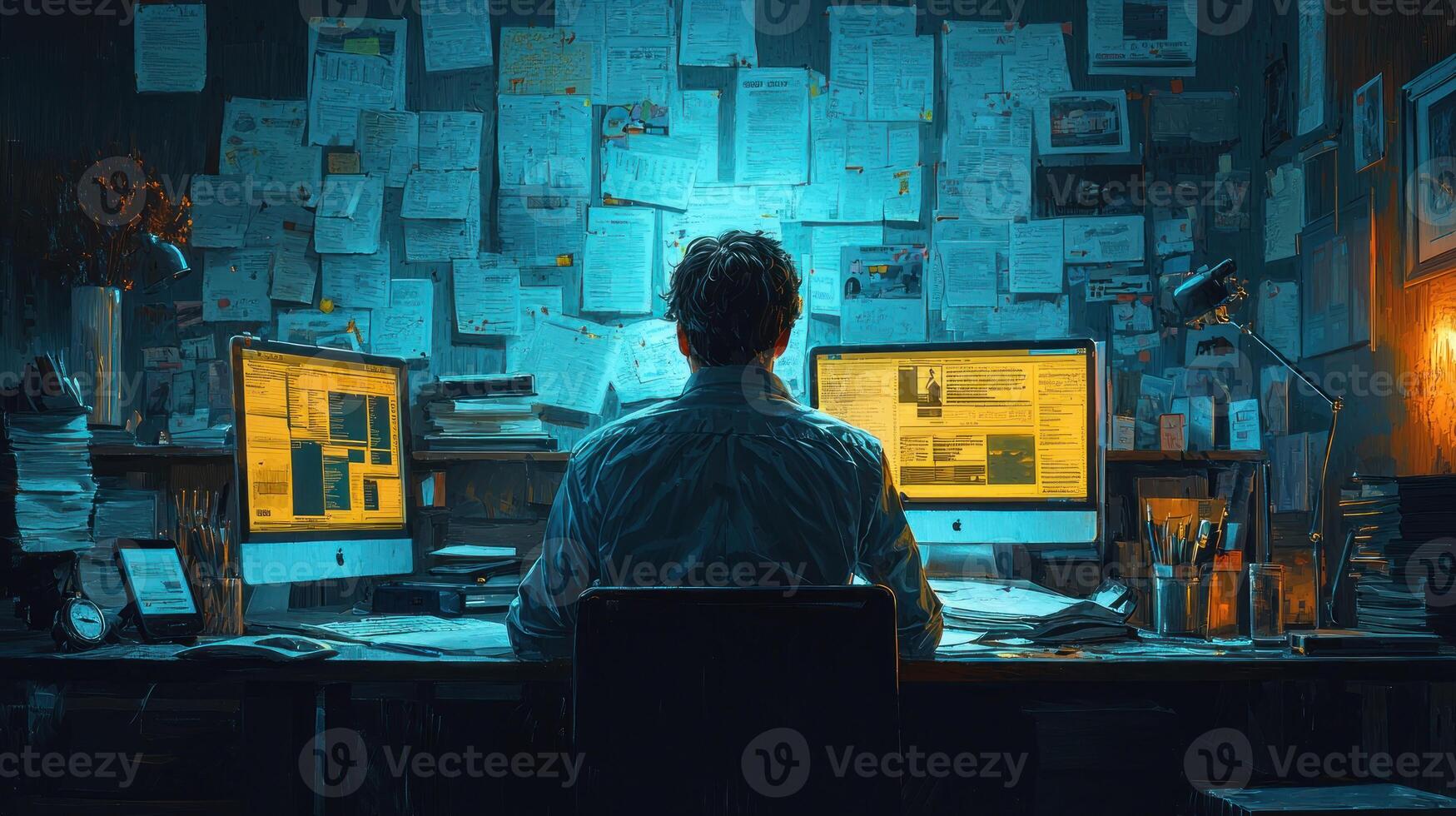 A man sitting at a desk with two computer screens photo