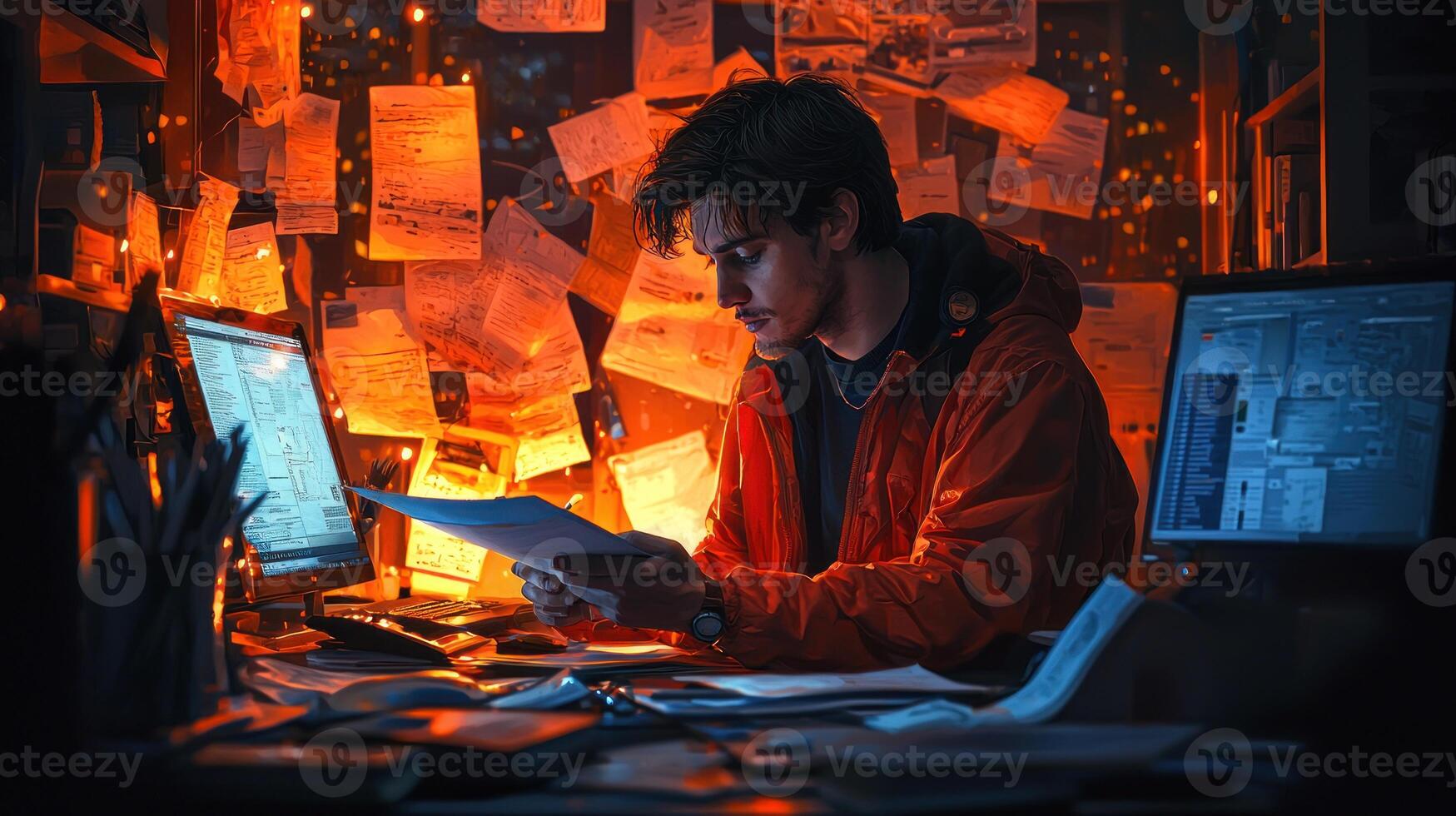 A man in an orange jacket sitting at a desk with a computer and papers photo