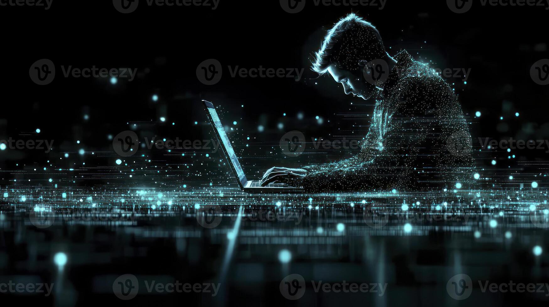 A person sitting on a laptop computer with glowing lines photo
