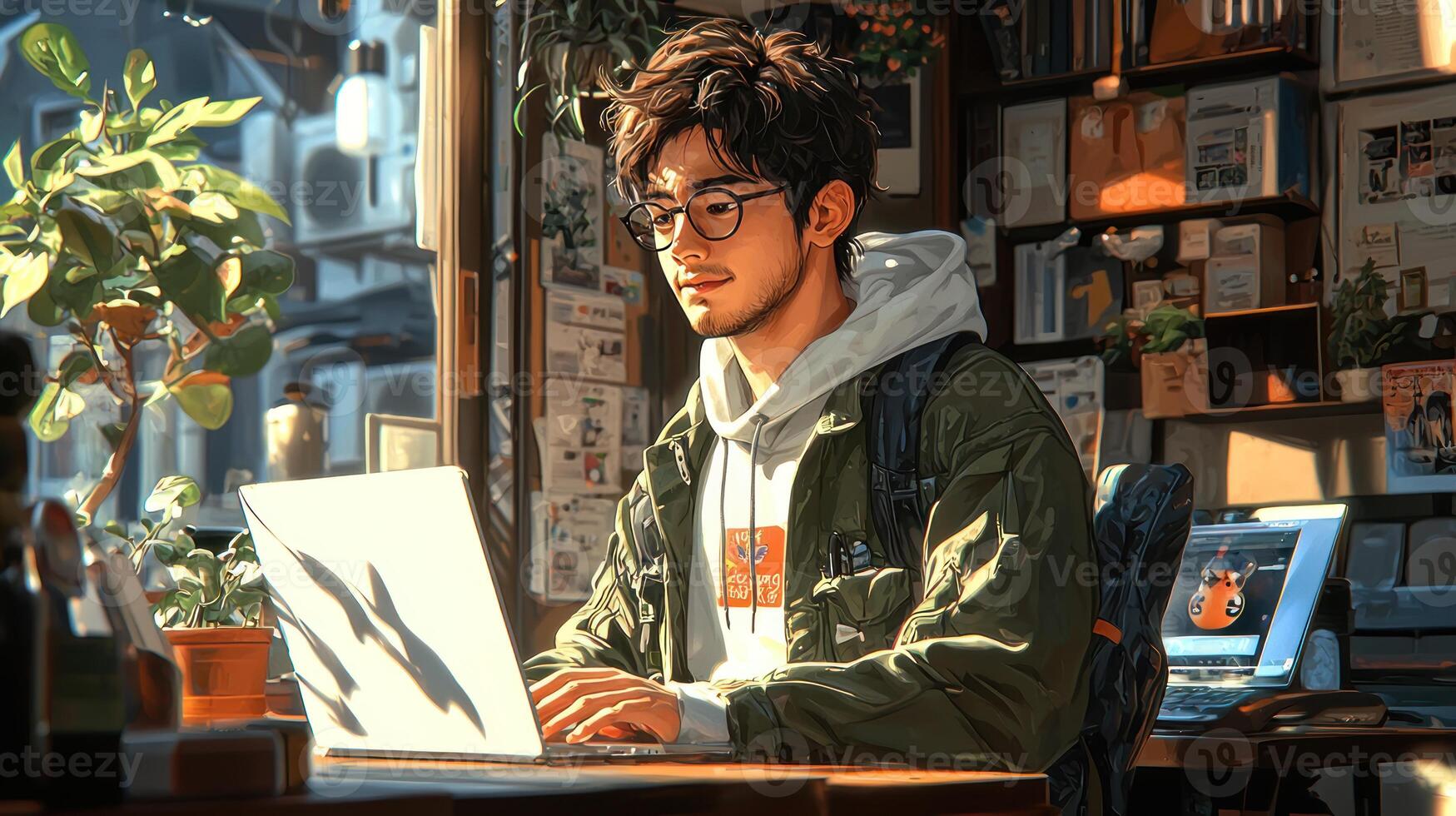 A man in glasses is working on his laptop photo