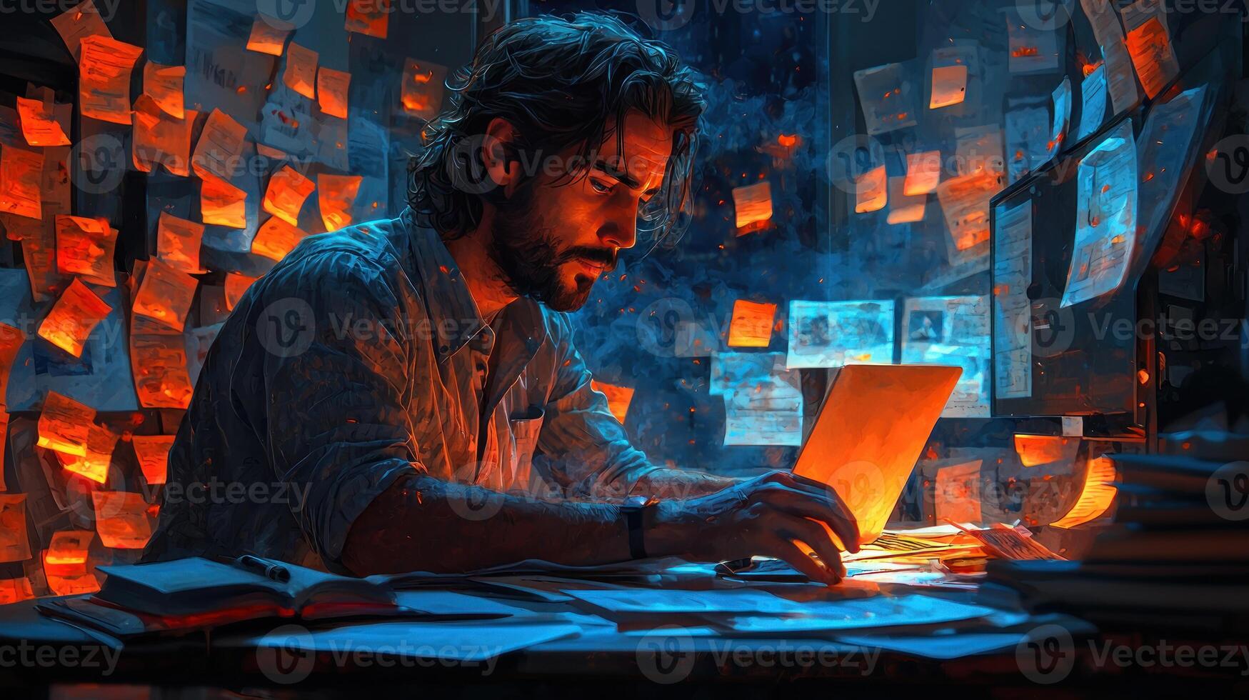 A man sitting at a desk with a laptop and papers photo