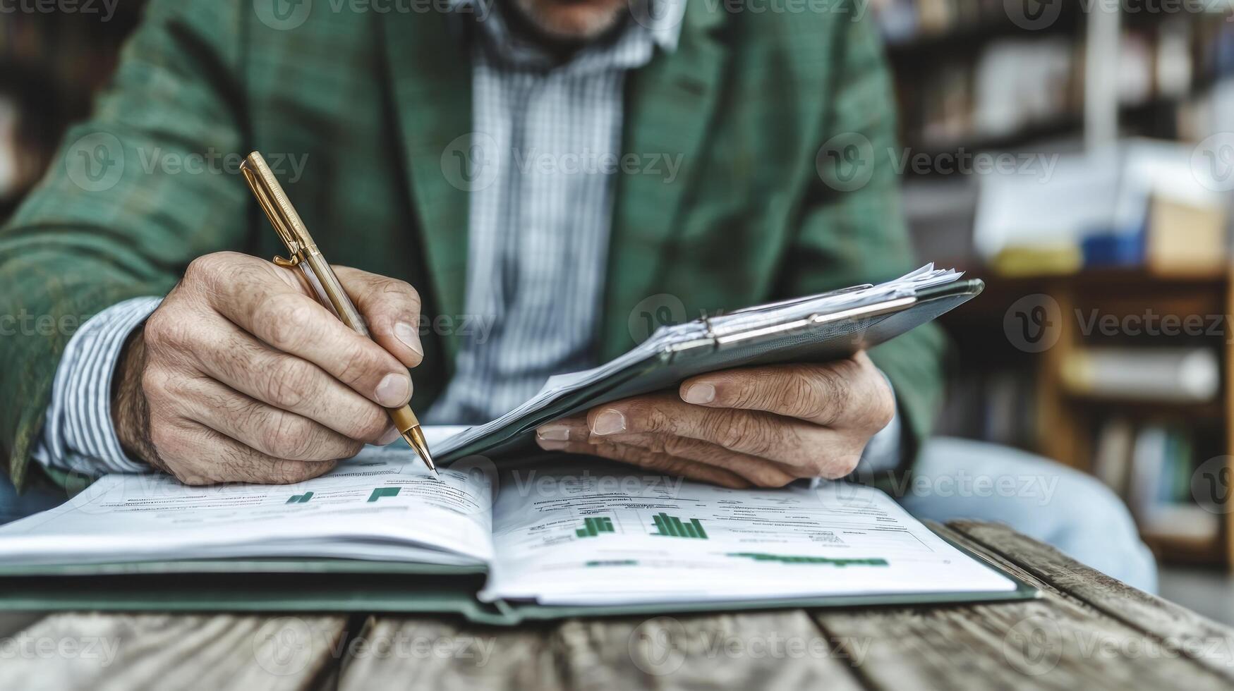 Man writing in notebook in library photo