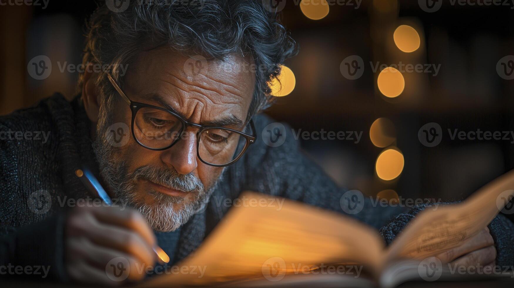 A man with glasses reading a book at night photo