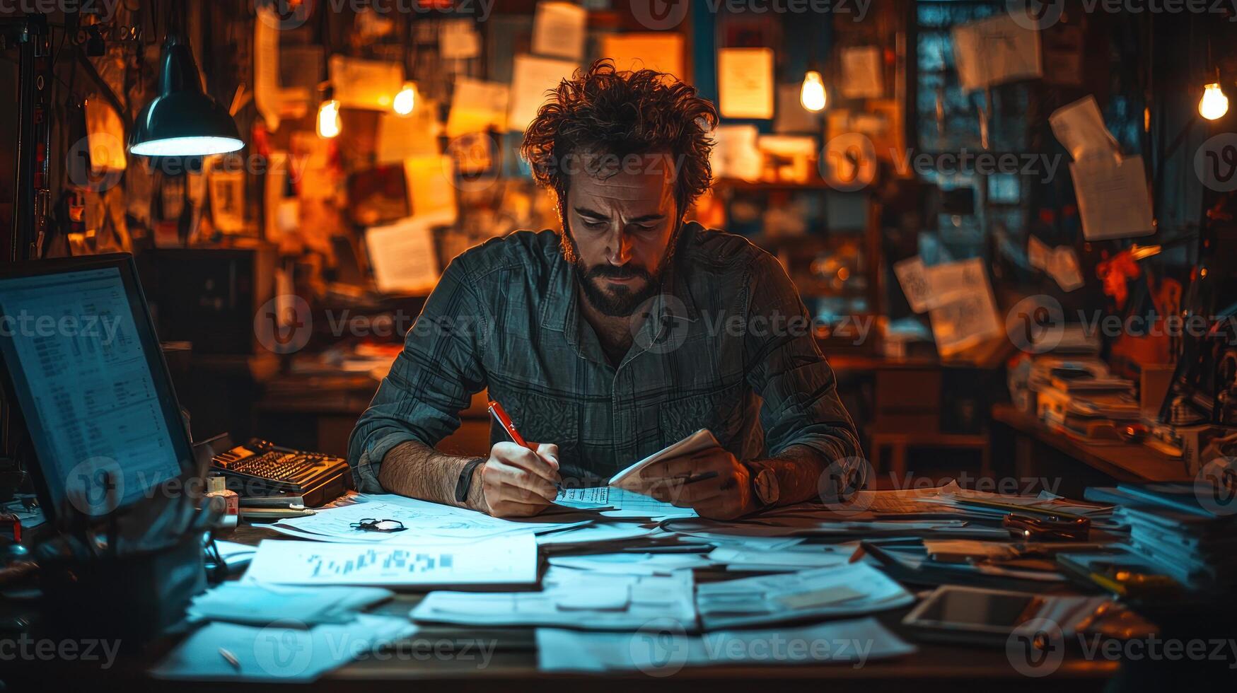 A man is working at his desk in a dark room photo