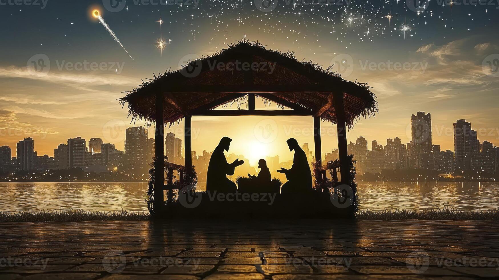 The nativity scene in silhouette with the city in the background photo