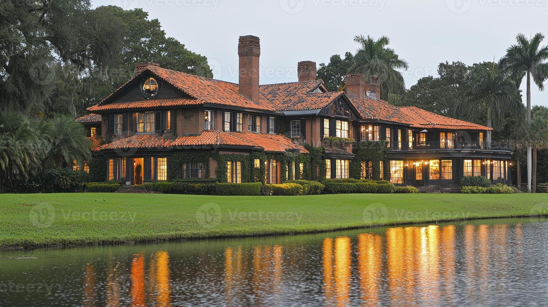 A large house with a pond in front of it photo