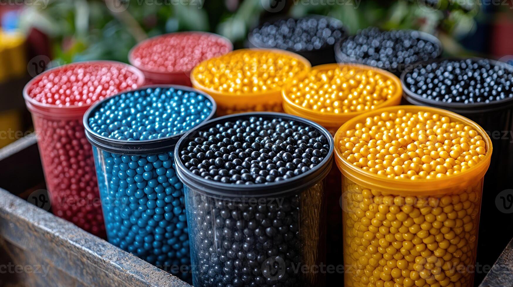 A wooden crate filled with colorful plastic beads photo