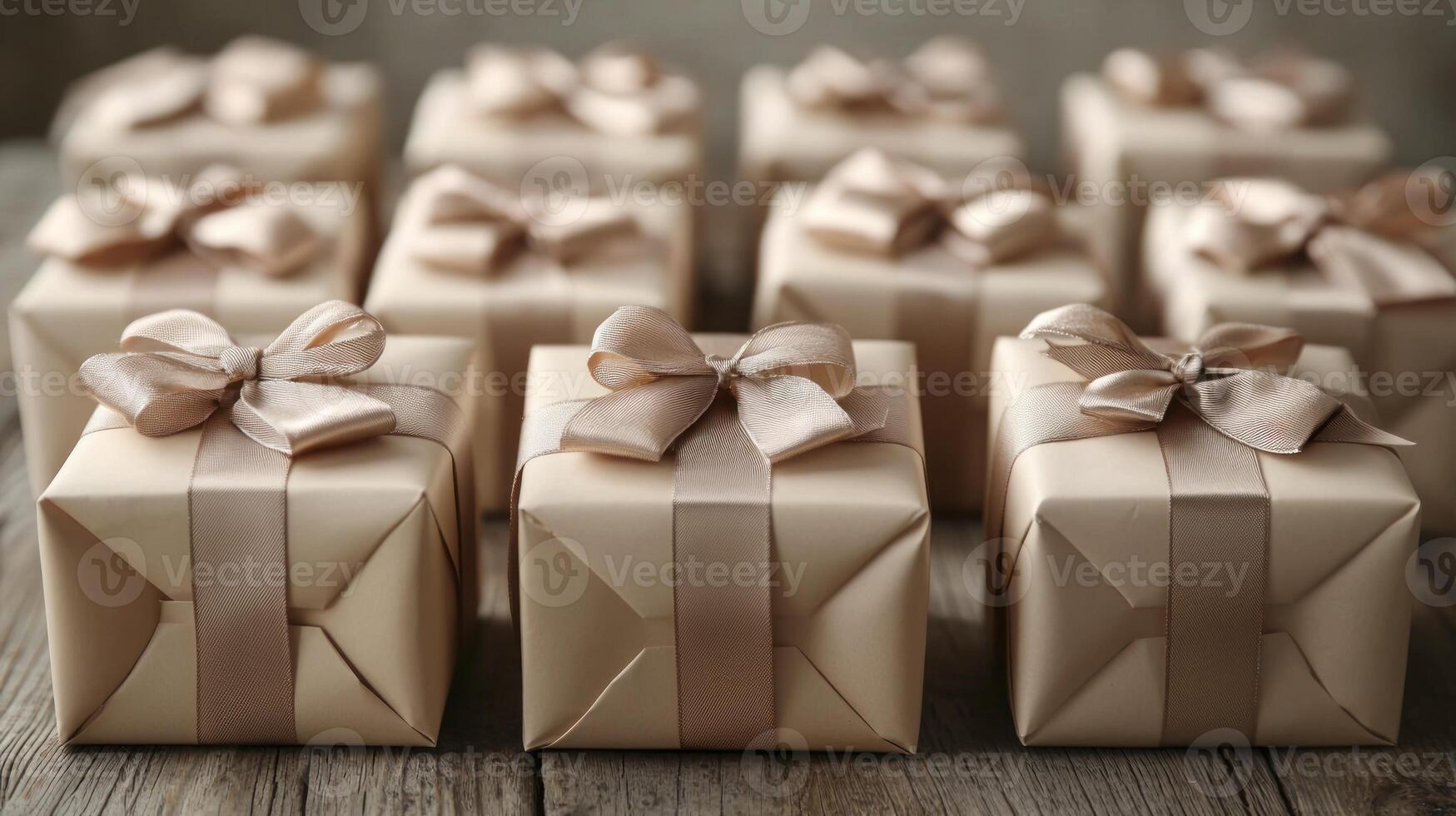 Many small gift boxes with bows on a wooden table photo
