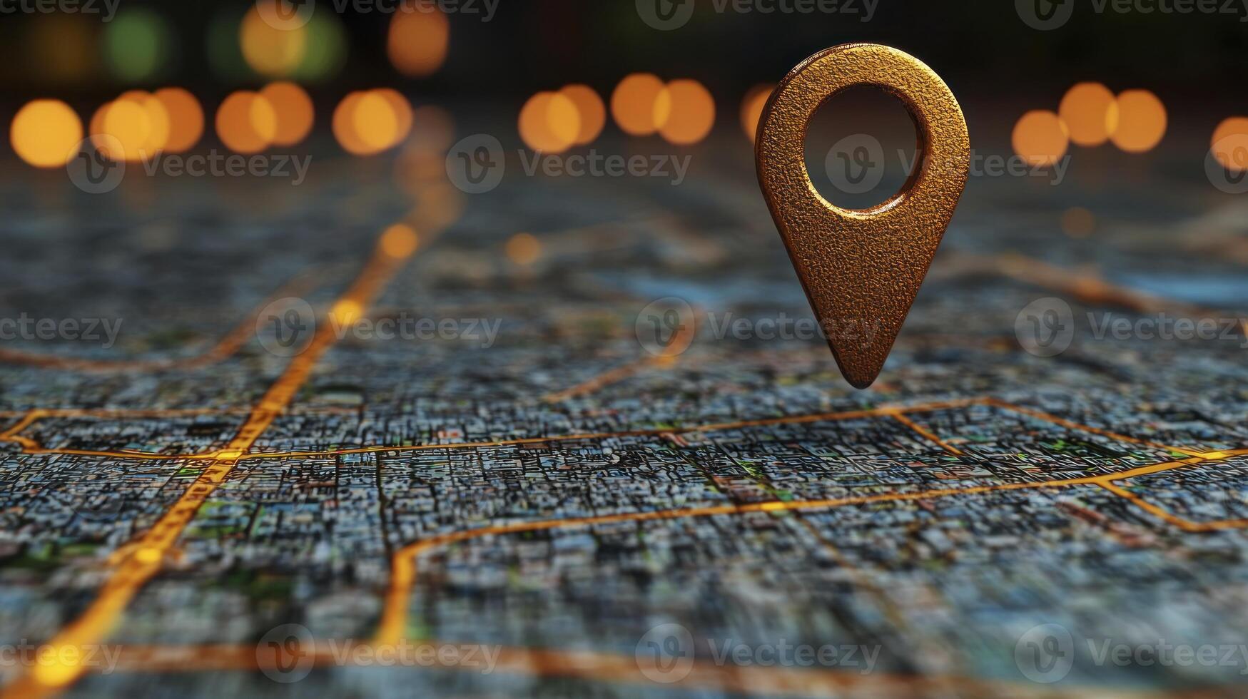 Map pin on a city map with lights in background photo