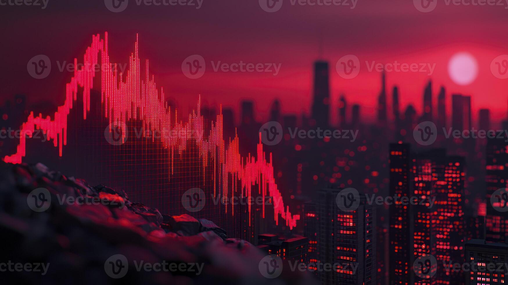 A red and orange graph is shown in front of a city photo