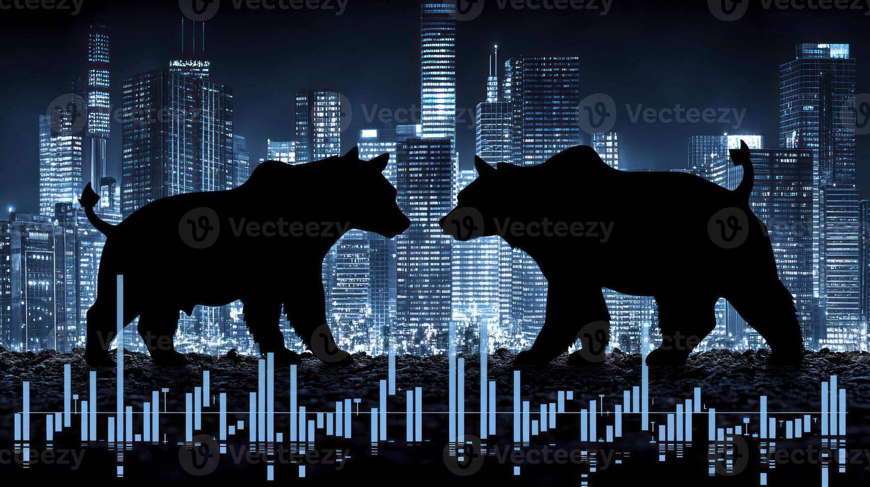 Two bears are standing in front of a city skyline photo